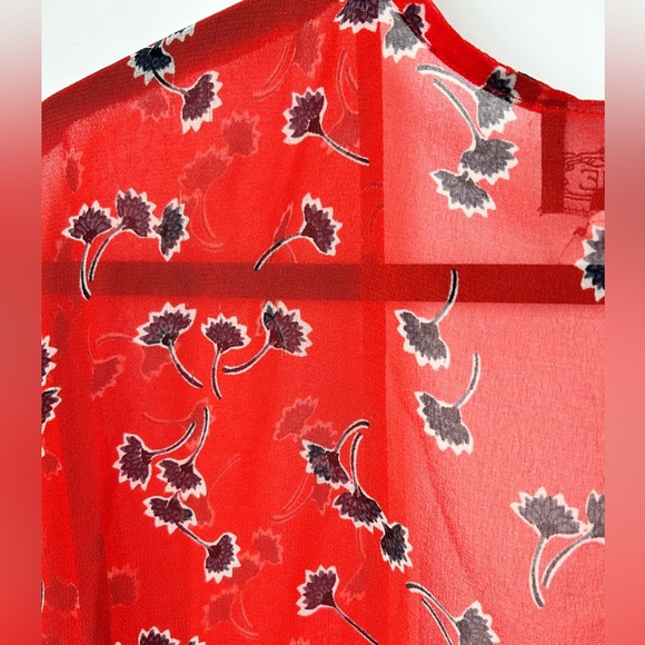 Floral kimono pool beach coverup, Med, red fringe lightweight sheer long sleeves - Picture 7 of 8